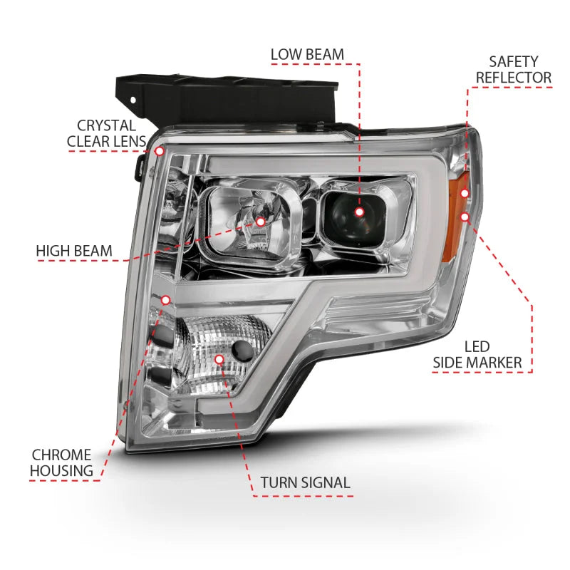 ANZO 2009-2014 Ford F-150 Projector Headlight Plank Style Chrome Amber - Additional View 5