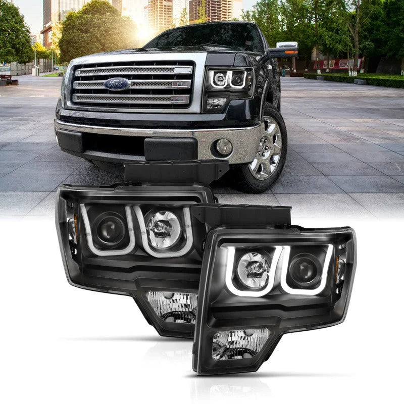 ANZO 2009-2014 Ford F-150 Projector Headlights w/ U-Bar Switchback Black w/ Amber - Main Product View