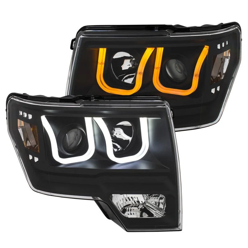 ANZO 2009-2014 Ford F-150 Projector Headlights w/ U-Bar Switchback Black w/ Amber - Back View