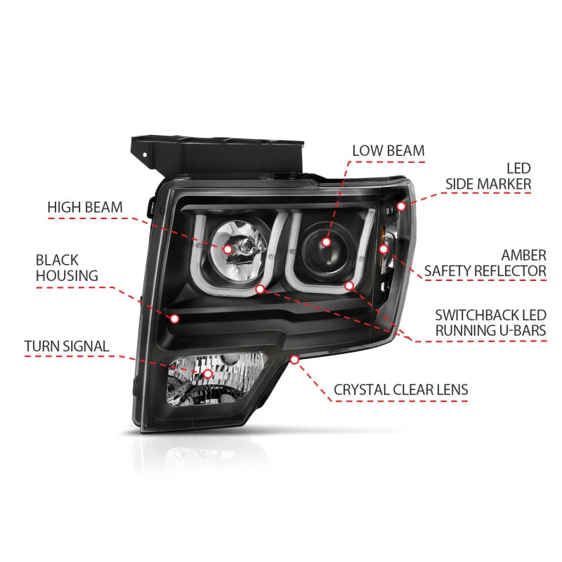ANZO 2009-2014 Ford F-150 Projector Headlights w/ U-Bar Switchback Black w/ Amber - Additional View 6