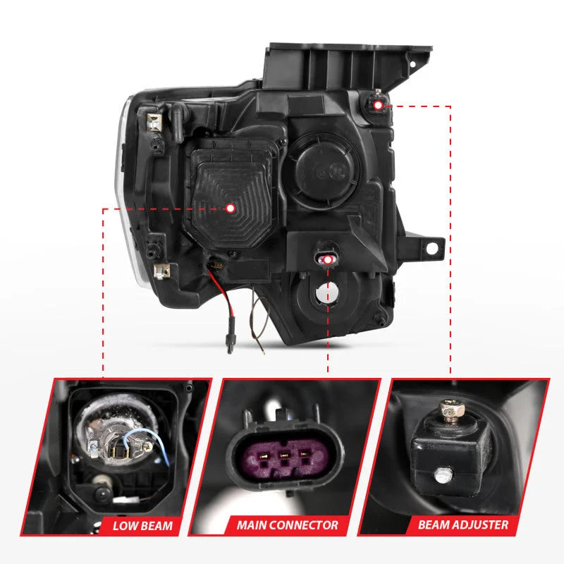 ANZO 2009-2014 Ford F-150 Projector Headlights w/ U-Bar Switchback Black w/ Amber - Additional View 7