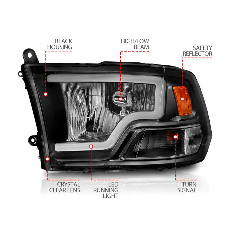 ANZO 2009-2018 Dodge Ram 1500 Crystal Headlights w/ Light Bar Black Housing - Additional View 6