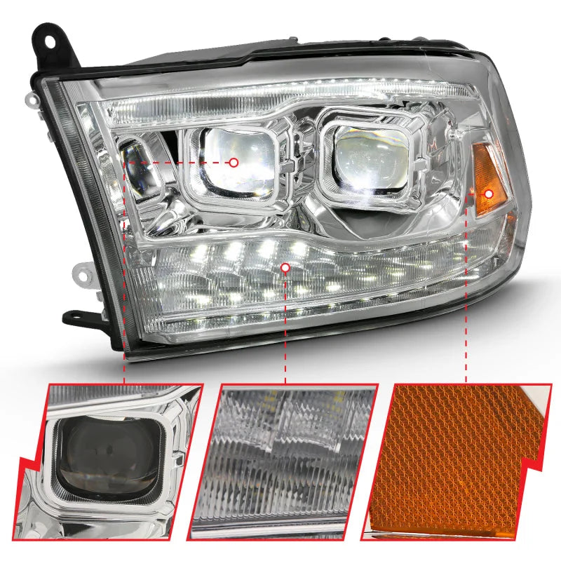 ANZO 2009-2018 Dodge Ram 1500 Led Projector Plank Style Switchback H.L Halo Chrome Amber (OE Style) - Side View