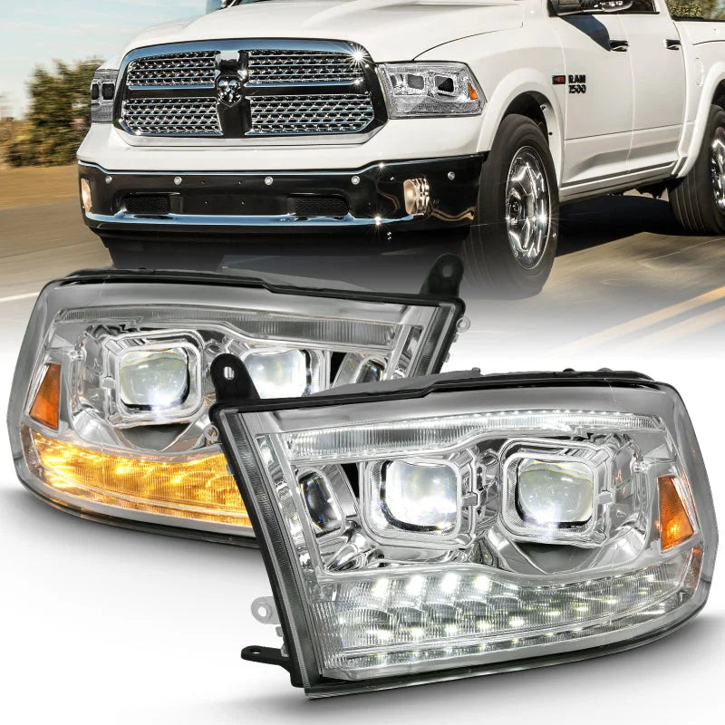 ANZO 2009-2018 Dodge Ram 1500 Led Projector Plank Style Switchback H.L Halo Chrome Amber (OE Style) - Installation View
