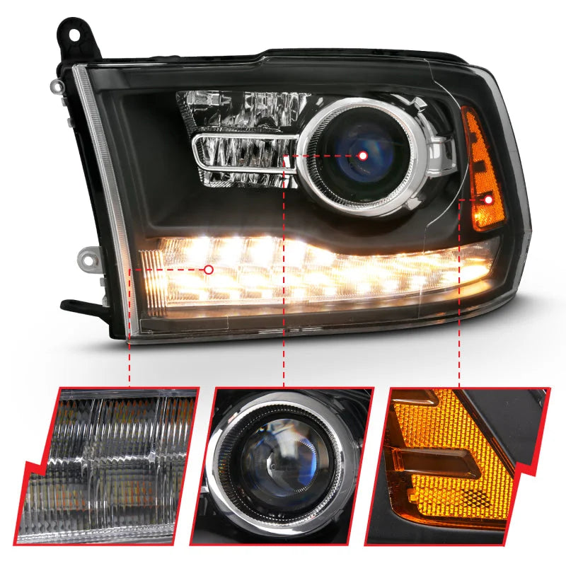 ANZO 2009-2018 Dodge Ram 1500 Projector Headlights Plank Style Halo w/Switchback Matte Black - Side View
