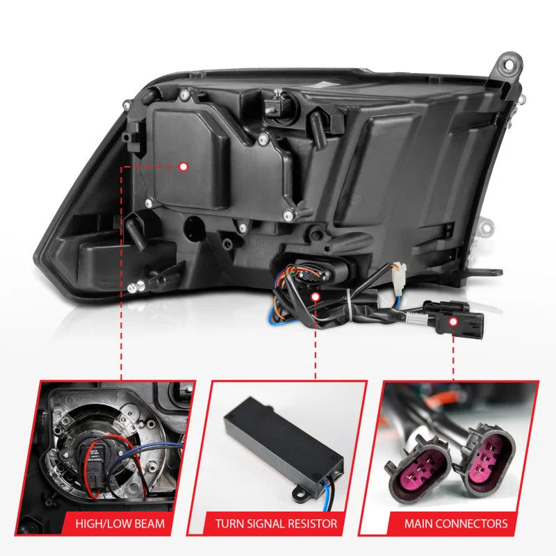 ANZO 2009-2018 Dodge Ram 1500 Projector Headlights Plank Style Halo w/Switchback Matte Black - Back View