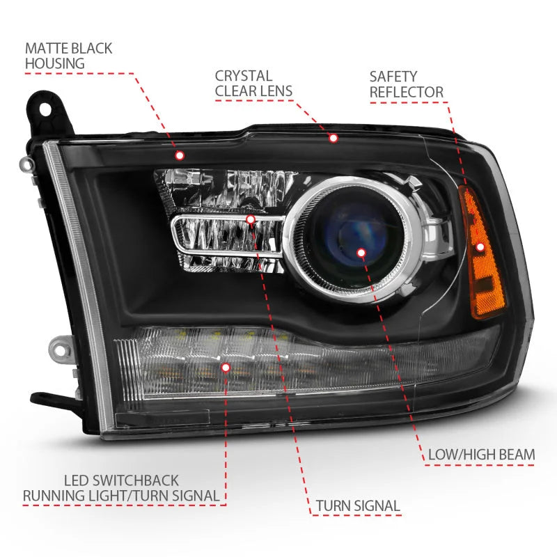 ANZO 2009-2018 Dodge Ram 1500 Projector Headlights Plank Style Halo w/Switchback Matte Black - Additional View 5