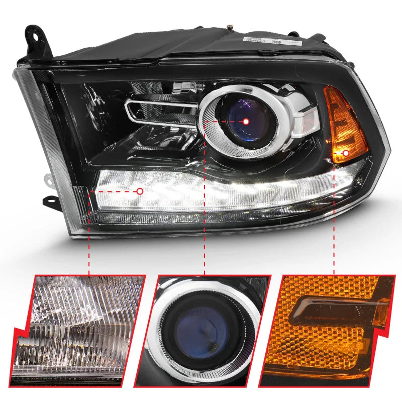 ANZO 2009-2018 Dodge Ram 1500 Projector Plank Style Switchback H.L Halo Black Amber (OE Style) - Back View