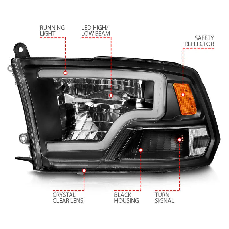 ANZO 2009-2020 Dodge Ram 1500 Full LED Square Projector Headlights w/ Chrome Housing Black Amber - Side View
