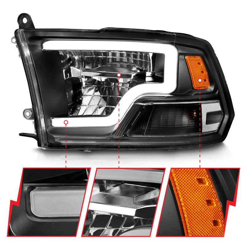 ANZO 2009-2020 Dodge Ram 1500 Full LED Square Projector Headlights w/ Chrome Housing Black Amber - Back View