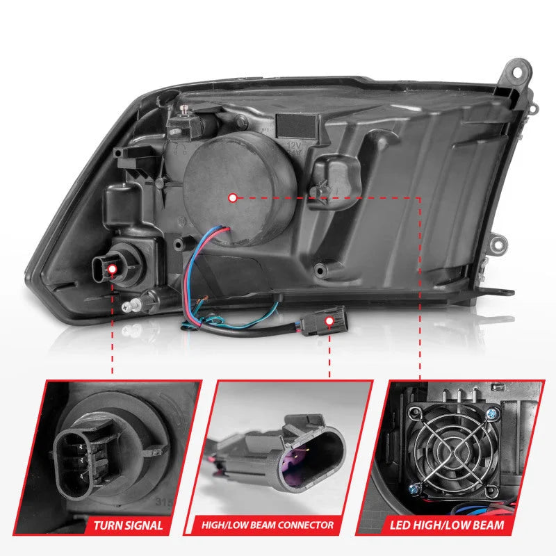 ANZO 2009-2020 Dodge Ram 1500 Full LED Square Projector Headlights w/ Chrome Housing Black Amber - Installation View