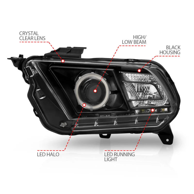 ANZO 2010-2014 Ford Mustang Projector Headlights w/ Halo Black (CCFL) - Back View