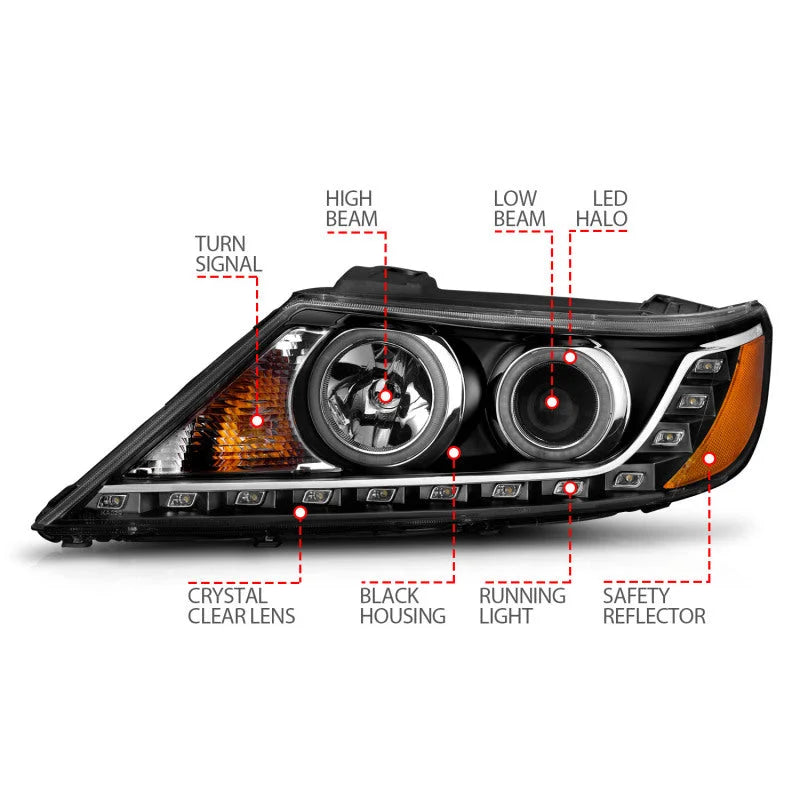 ANZO 2011-2013 Kia Sorento Projector Headlights w/ Halo Black (CCFL) - Back View