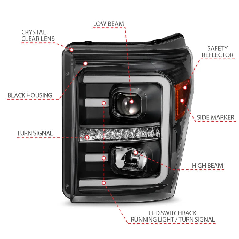 ANZO 2011-2016 Ford F250 Projector Headlights w/ Plank Style Switchback Black w/ Amber - Back View