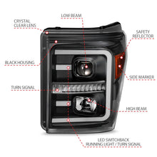 Load image into Gallery viewer, ANZO 2011-2016 Ford F250 Projector Headlights w/ Plank Style Switchback Black w/ Amber - Back View