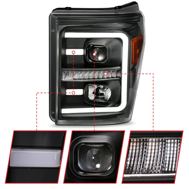 ANZO 2011-2016 Ford F250 Projector Headlights w/ Plank Style Switchback Black w/ Amber - Additional View 5