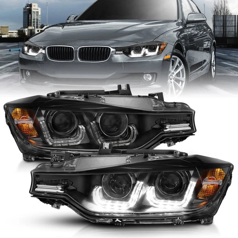 ANZO 2012-2015 BMW 3 Series Projector Headlights w/ U-Bar Black - Main Product View