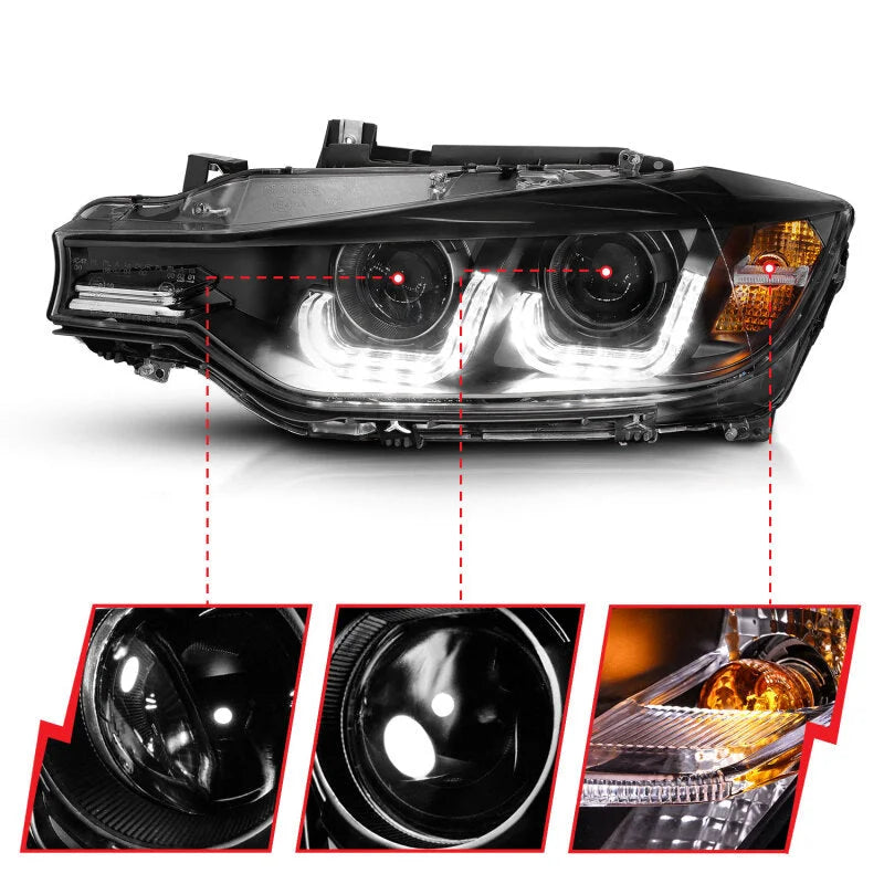 ANZO 2012-2015 BMW 3 Series Projector Headlights w/ U-Bar Black - Additional View 5