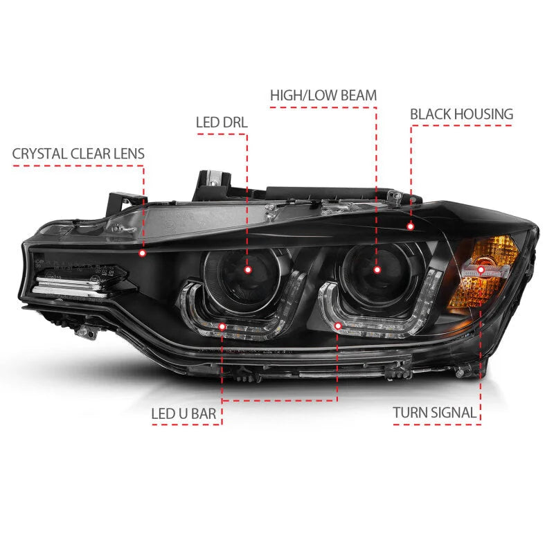 ANZO 2012-2015 BMW 3 Series Projector Headlights w/ U-Bar Black - Additional View 7