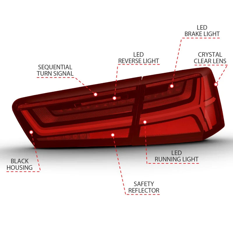 ANZO 2012-2018 Audi A6 LED Taillight Black Housing Red/Clear Lens 4 pcs (Sequential Signal) - Additional View 7