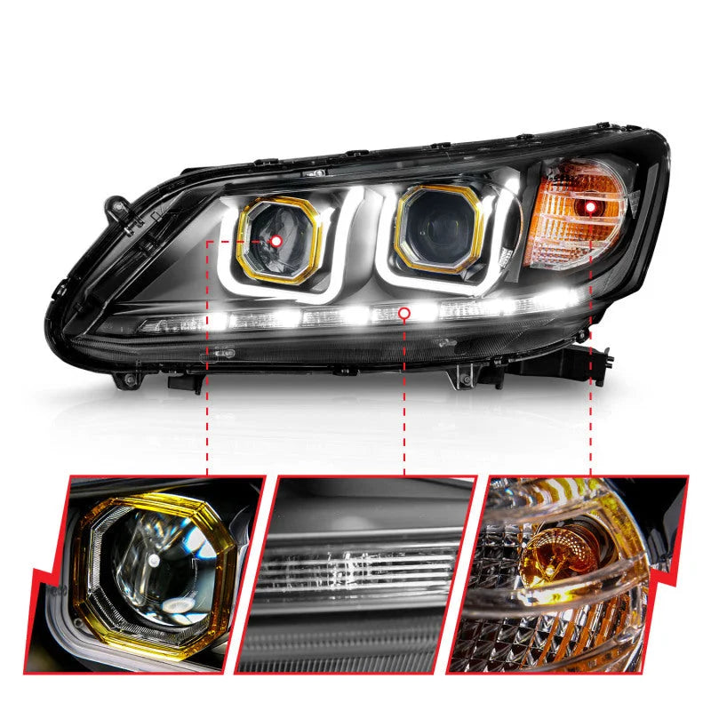 ANZO 2013-2015 Honda Accord Projector Headlights w/ U-Bar Black - Back View