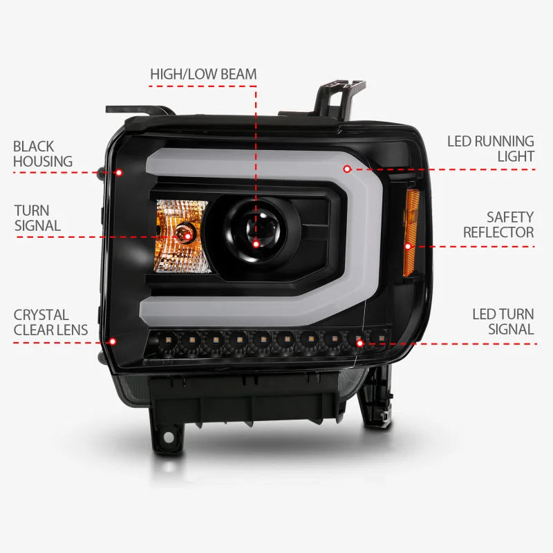 ANZO 2014-2015 GMC Sierra 1500 Projector Headlights w/ Light Bar Black Housing (Halogen Type) - Side View