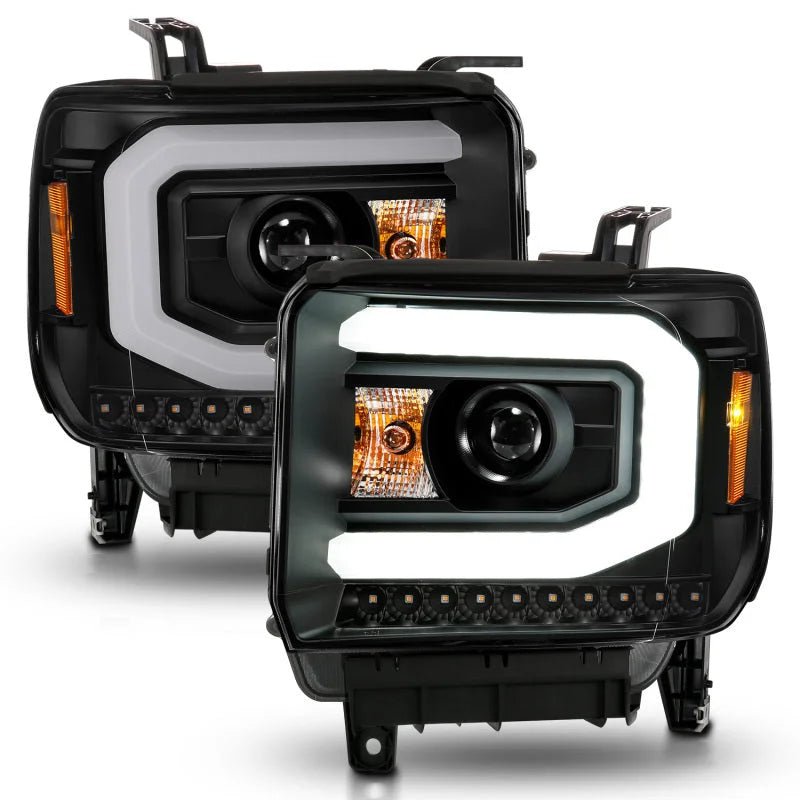 ANZO 2014-2015 GMC Sierra 1500 Projector Headlights w/ Light Bar Black Housing (Halogen Type) - Installation View