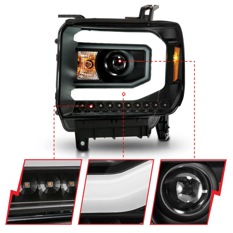 ANZO 2014-2015 GMC Sierra 1500 Projector Headlights w/ Light Bar Black Housing (Halogen Type) - Additional View 5