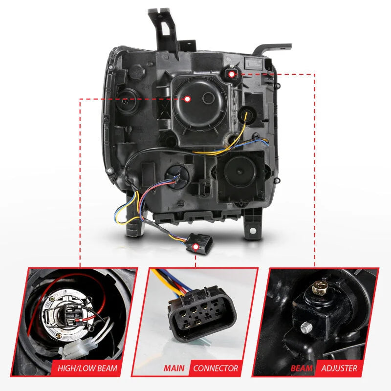 ANZO 2014-2015 GMC Sierra 1500 Projector Headlights w/ Light Bar Black Housing (Halogen Type) - Additional View 6