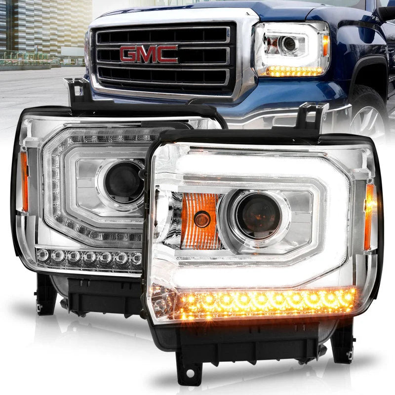 ANZO 2014-2015 Gmc Sierra 1500 Projector Headlights w/ Light Bar Chrome Housing (Halogen Type) - Main Product View