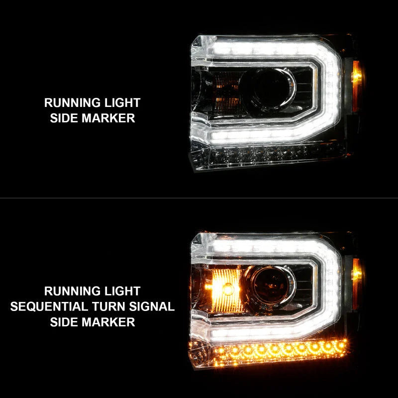 ANZO 2014-2015 Gmc Sierra 1500 Projector Headlights w/ Light Bar Chrome Housing (Halogen Type) - Side View
