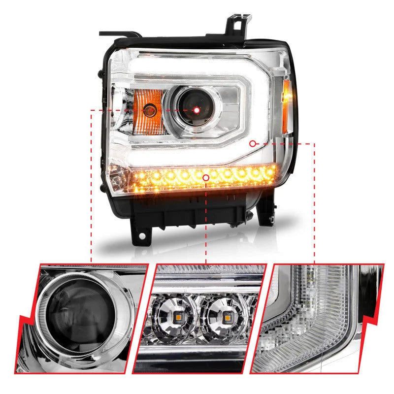 ANZO 2014-2015 Gmc Sierra 1500 Projector Headlights w/ Light Bar Chrome Housing (Halogen Type) - Additional View 6