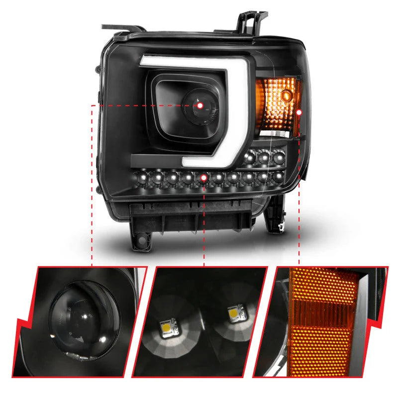 ANZO 2014-2015 Gmc Sierra 1500HD Projector Plank Style Headlight Black W/ Drl - Back View