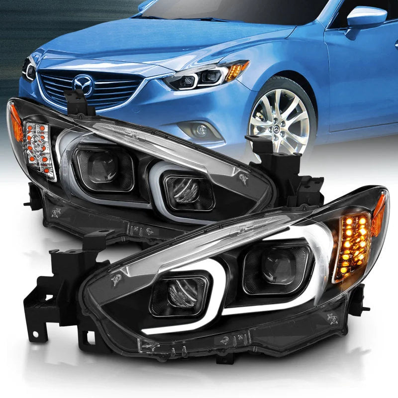 ANZO 2014-2015 Mazda 6 Projector Headlights w/ Plank Style Design Black - Main Product View