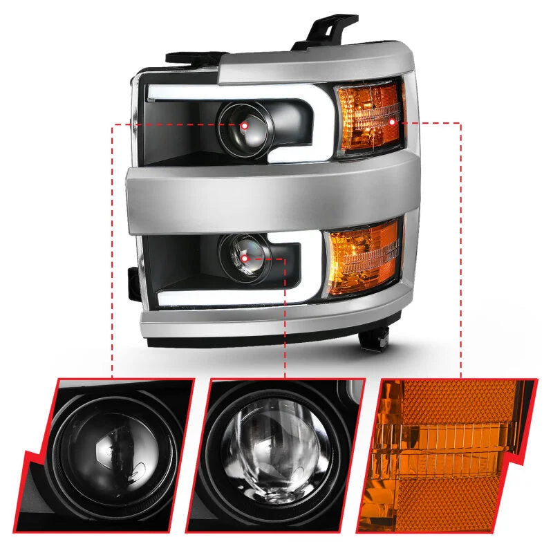 ANZO 2015-2016 Chevrolet Silverado Projector Headlights w/ Plank Style Design Black w/ Amber - Side View