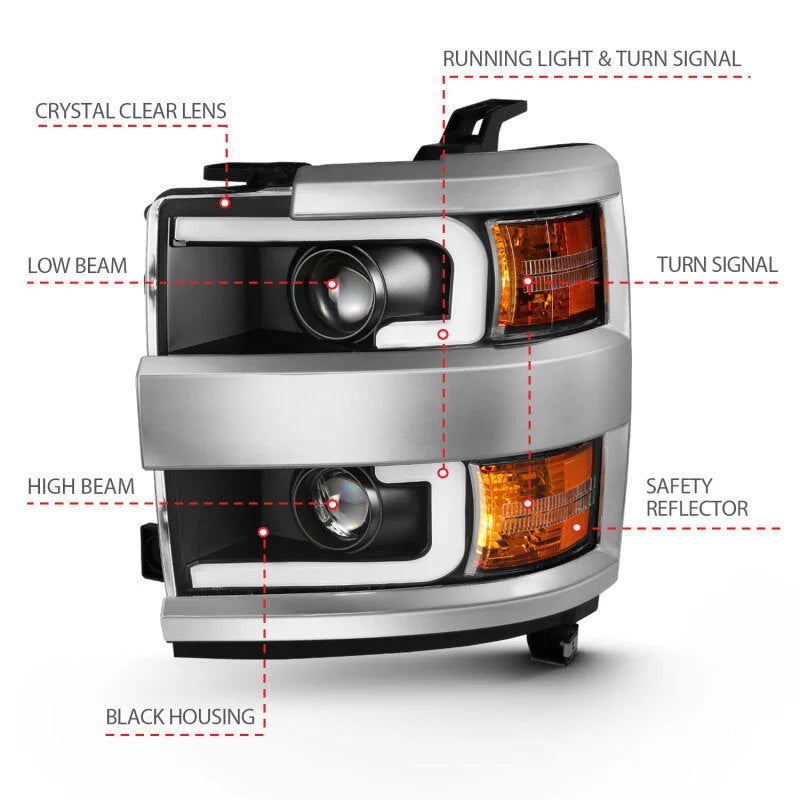 ANZO 2015-2016 Chevrolet Silverado Projector Headlights w/ Plank Style Design Black w/ Amber - Additional View 6