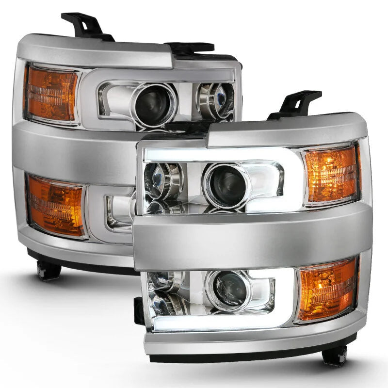 ANZO 2015-2016 Chevrolet Silverado Projector Headlights w/ Plank Style Design Chrome w/ Amber - Side View