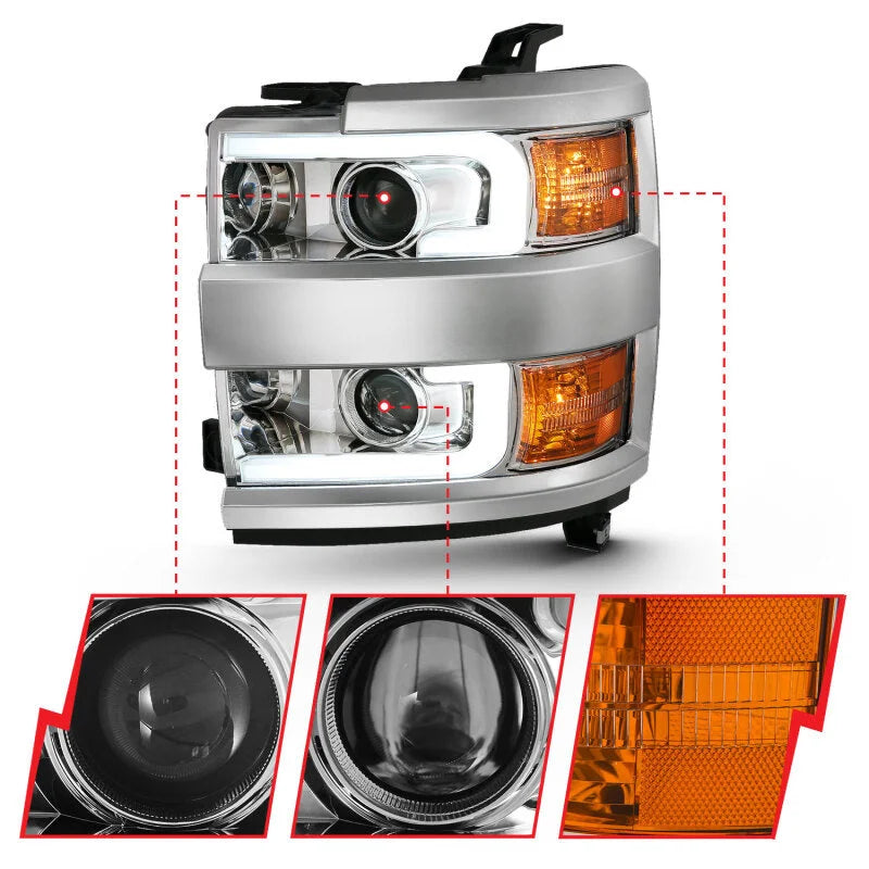 ANZO 2015-2016 Chevrolet Silverado Projector Headlights w/ Plank Style Design Chrome w/ Amber - Back View