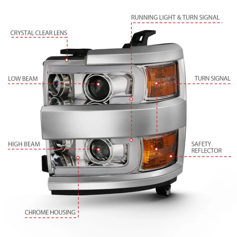 ANZO 2015-2016 Chevrolet Silverado Projector Headlights w/ Plank Style Design Chrome w/ Amber - Additional View 6