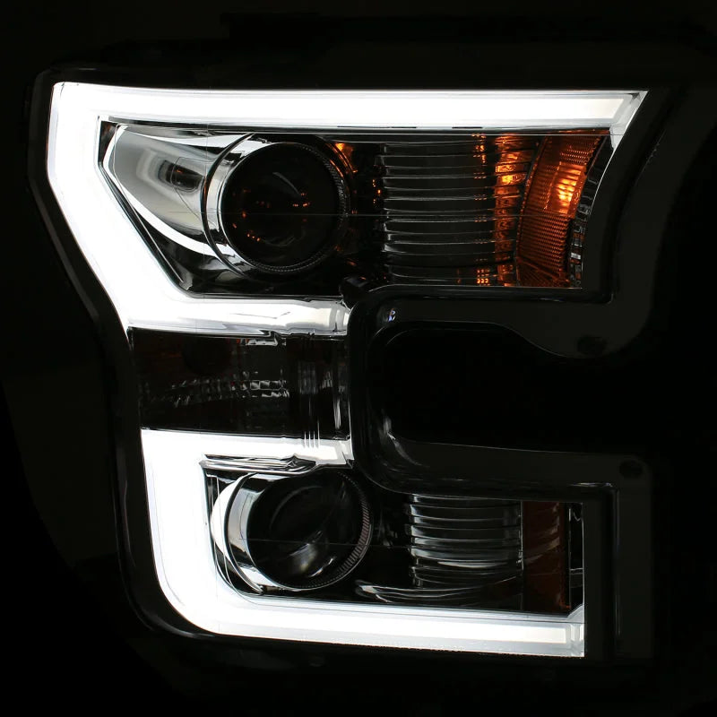 ANZO 2015-2016 Ford F-150 Projector Headlights w/ Plank Style Design Chrome w/ Amber - Side View