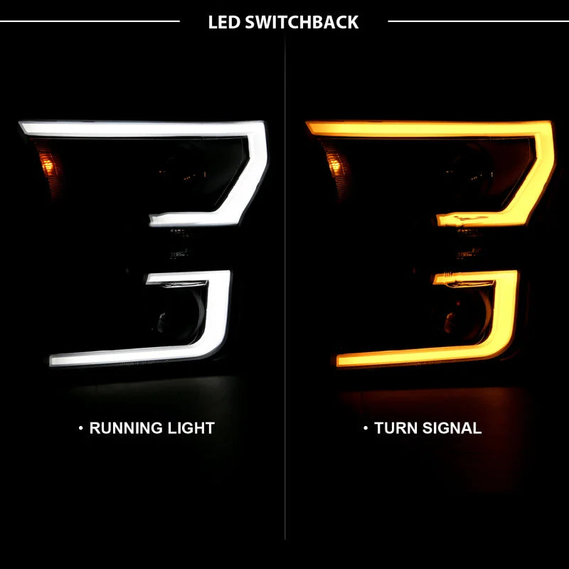 ANZO 2015-2017 Ford F-150 Projector Headlights w/ Plank Style Switchback Black w/ Amber - Main Product View