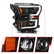 Load image into Gallery viewer, ANZO 2015-2017 Ford F-150 Projector Headlights w/ Plank Style Switchback Black w/ Amber - Side View