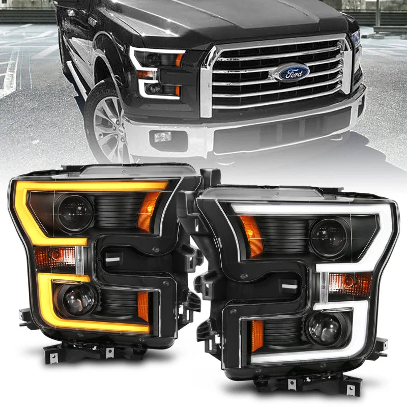ANZO 2015-2017 Ford F-150 Projector Headlights w/ Plank Style Switchback Black w/ Amber - Back View