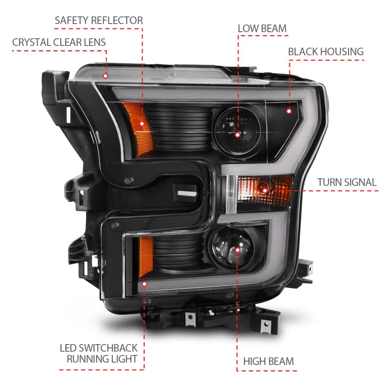 ANZO 2015-2017 Ford F-150 Projector Headlights w/ Plank Style Switchback Black w/ Amber - Additional View 6