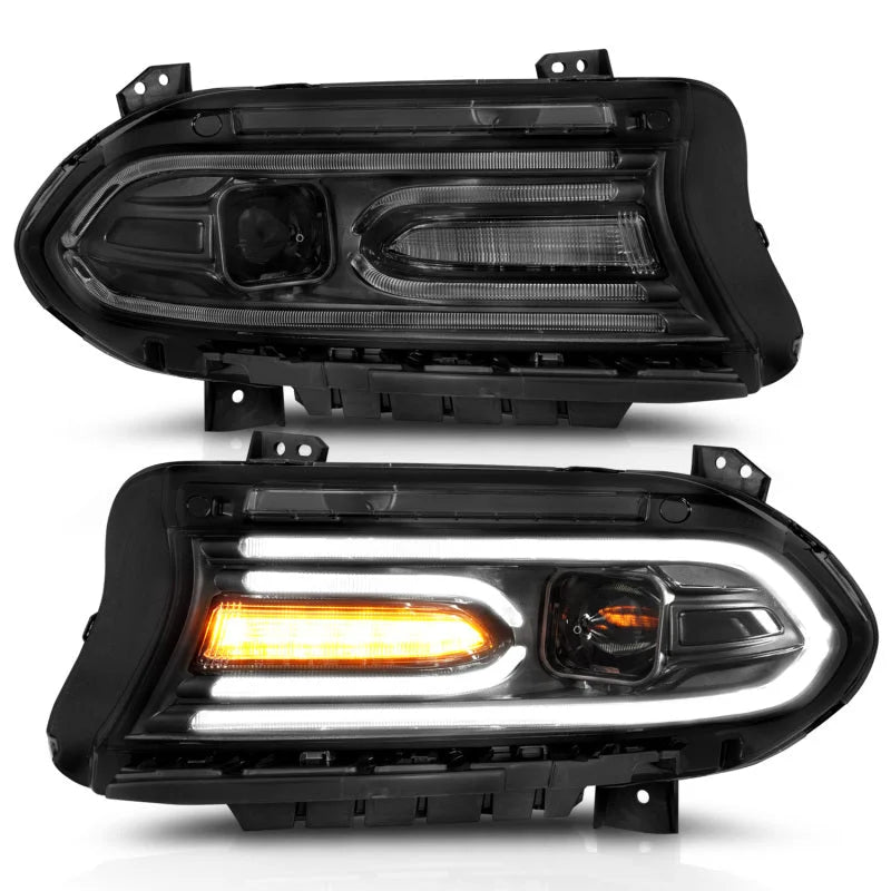 ANZO 2015-2018 Dodge Charger Projector Headlights Plank Style Black - Side View