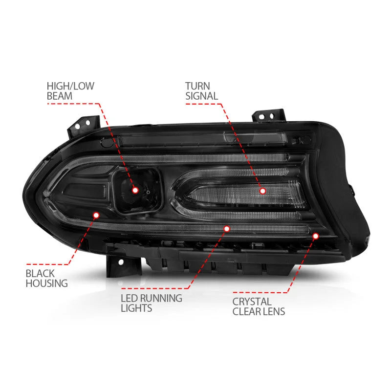 ANZO 2015-2018 Dodge Charger Projector Headlights Plank Style Black - Additional View 7