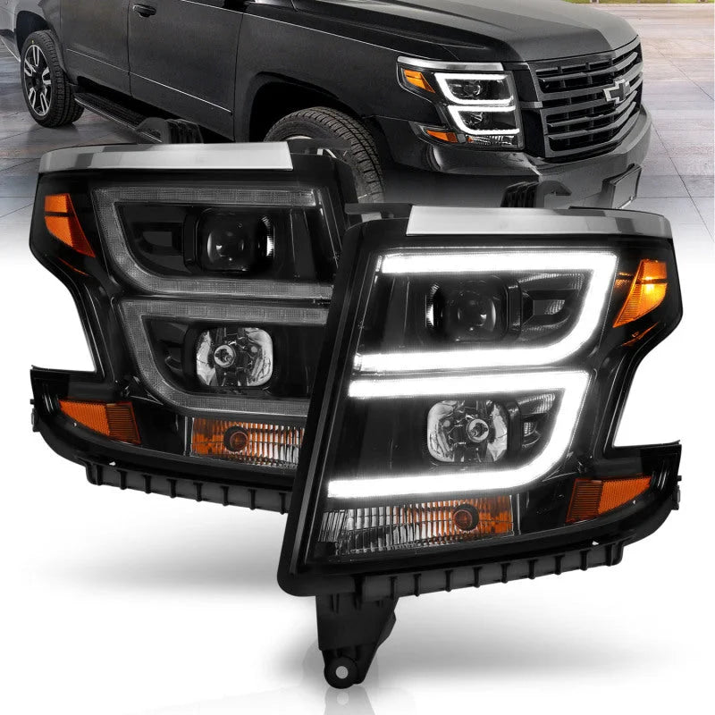 ANZO 2015-2020 Chevy Tahoe Projector Headlights Plank Style Black w/DRL - Main Product View