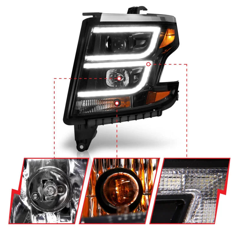 ANZO 2015-2020 Chevy Tahoe Projector Headlights Plank Style Black w/DRL - Back View
