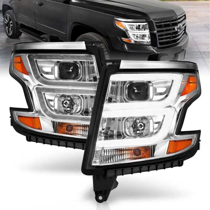 ANZO 2015-2020 Chevy Tahoe Projector Headlights Plank Style Chrome w/DRL - Main Product View
