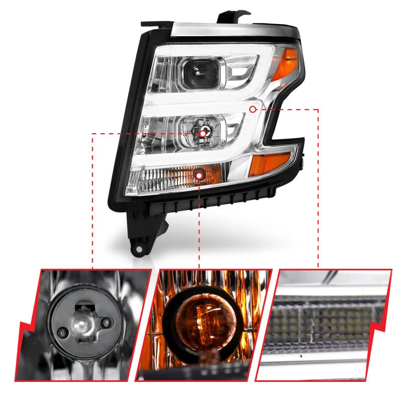 ANZO 2015-2020 Chevy Tahoe Projector Headlights Plank Style Chrome w/DRL - Side View